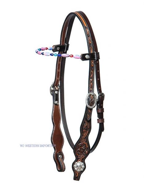 OAK TOOLED HEADSTALL WITH LIGHT-PINK GEMSTONES